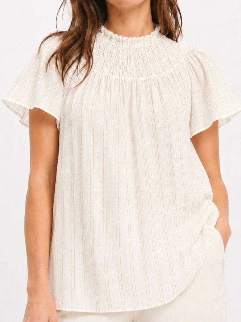 Loft Smocked High-Neck Flutter Sleeve Top - Cream And Gold
